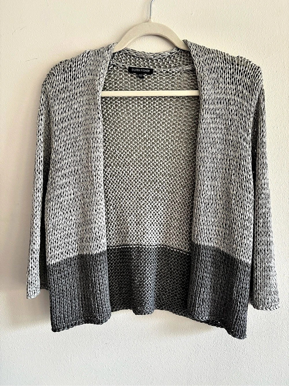 Eileen Fisher Open Twist Straight 3/4 Sleeve Cardigan Color Block Gray medium